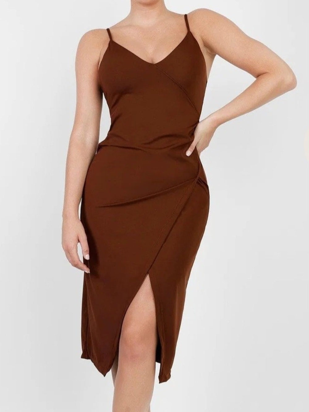 Popilush Shapewear Brown Spaghetti-Strap Asymmetric Midi Dress